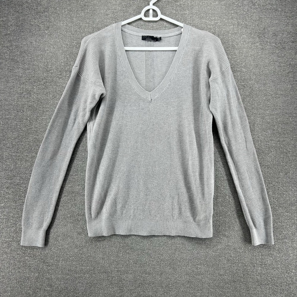 prAna Milani V Neck Sweater Women Sz Small Gray Waffle Knit Organic Cotton Wool